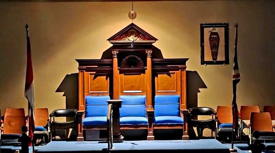 Big blue masonic lodge room at London Masonic Centre